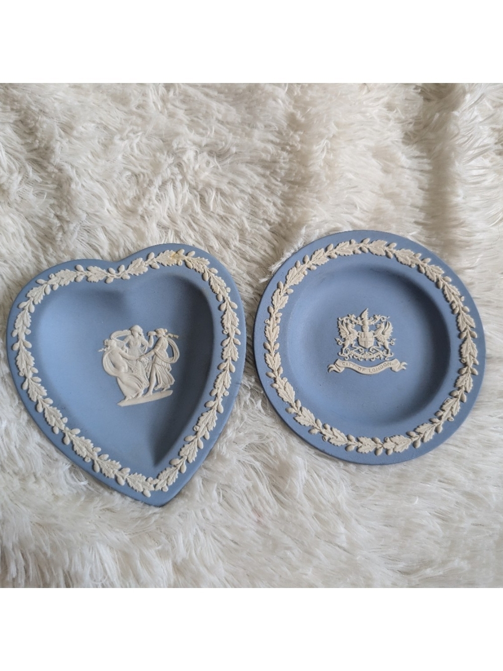 Vintage Wedgwood Blue and White Jasperware Heart and Round Trinket Dishes